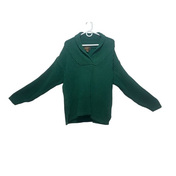 Vintage Eddie Bauer Chunky Knit Sweater Mens Medium Green Shawl Cowl Neck Preppy - Picture 1 of 13